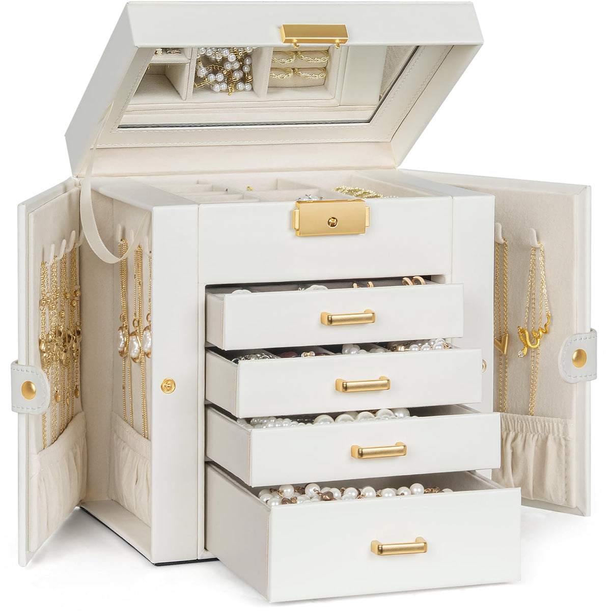TORIBIO Jewelry Box for Women, Leather Jewelry Organizer with Mirror & Lock, 3-Tier Jewelry Storage Organizer with 2 Drawers for Girls/Women/Mothers, Necklace Earring Bracelets Holder Organizer