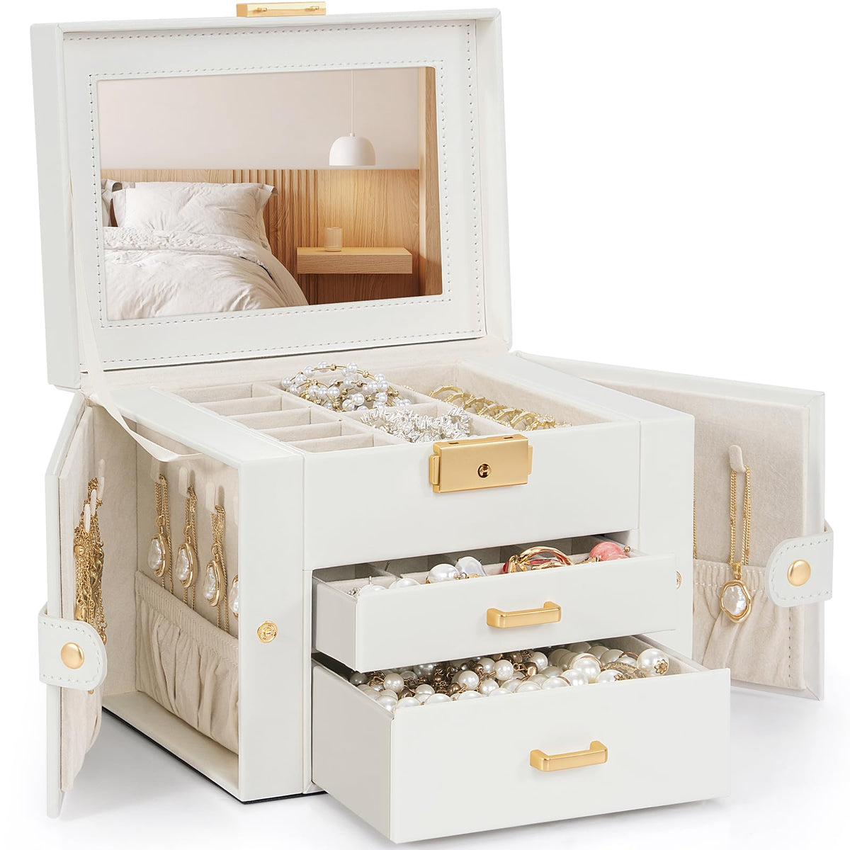 TORIBIO Jewelry Box for Women, Leather Jewelry Organizer with Mirror & Lock, 3-Tier Jewelry Storage Organizer with 2 Drawers for Girls/Women/Mothers, Necklace Earring Bracelets Holder Organizer