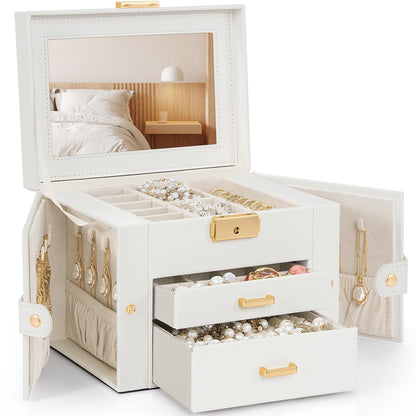 TORIBIO Jewelry Box for Women, Leather Jewelry Organizer with Mirror & Lock, 3-Tier Jewelry Storage Organizer with 2 Drawers for Girls/Women/Mothers, Necklace Earring Bracelets Holder Organizer