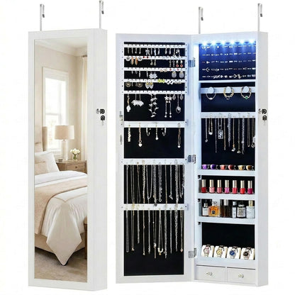 DUMOS 6 LEDs Mirror Jewelry Cabinet, Wall or Door Mounted Jewelry Organizer, 47.2-Inch Tall Lockable Large Capacity Cosmetic Storage, Gift Idea, White