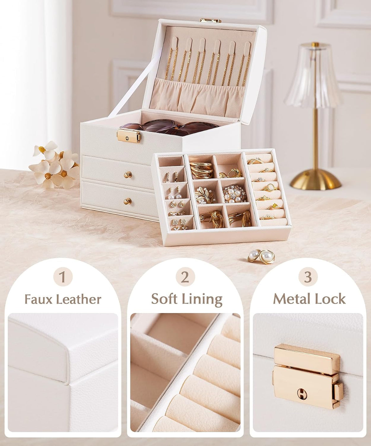 Homde Small Jewelry Box for Girls: 3-Layer Lockable Organizer (Cloud White)
