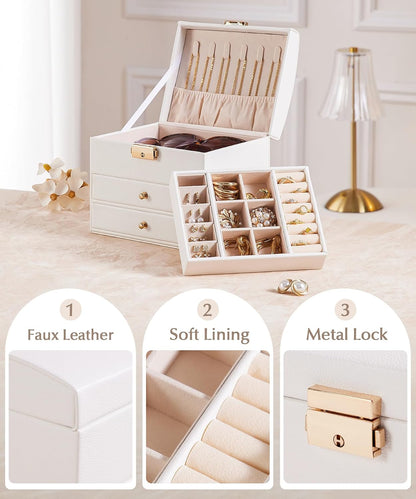 Homde Small Jewelry Box for Girls: 3-Layer Lockable Organizer (Cloud White)