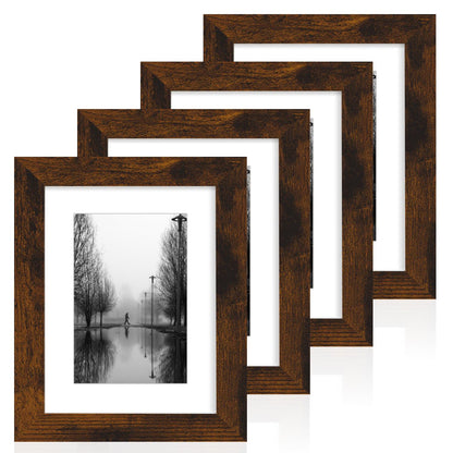 iRahmen 5x7 Picture Frame Set of 4, High Definition Real Glass Rustic Brown Frame, 5 x 7 Wood Photo Frames for Tabletop Display and Wall Mounting