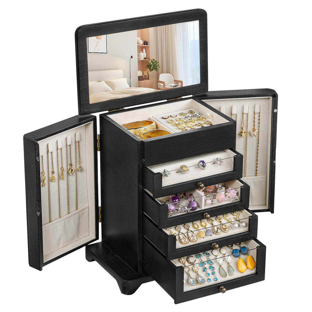 Jewelry Box for Women，Wooden Jewelry Box with 4 Clear Drawers Rustic Brown