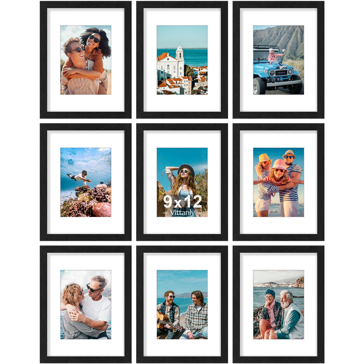 Vittanly 8x10 Picture Frames Set of 9 for Wall or Tabletop Display, Black
