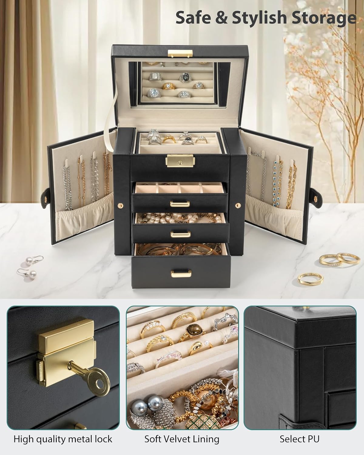 AKOZLIN 4-Tier Jewelry Box 3 Drawers Jewelry Storage Organizer for Women