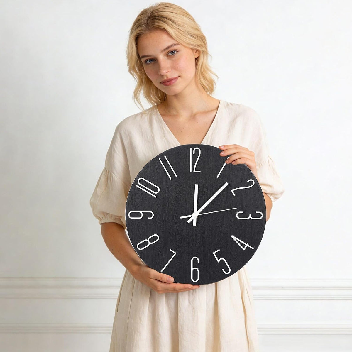 Wall Clock 12 Inch Silent Non-Ticking Imitation Wood Indoor Clock Round White Decor Clock Modern 3D Figures Quartz Wall Clocks for Home, Hotel, Office, School, Bedroom, Living Room, Kitchen