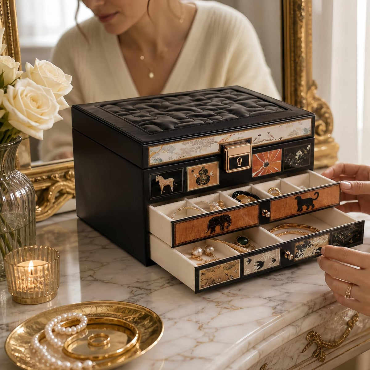 Vintage Jewelry Box, Leather Jewelry Organizer, Black