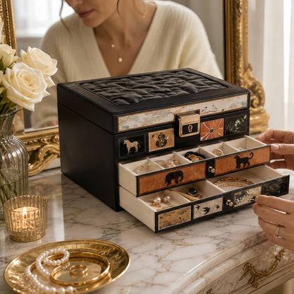 Vintage Jewelry Box, Leather Jewelry Organizer, Black