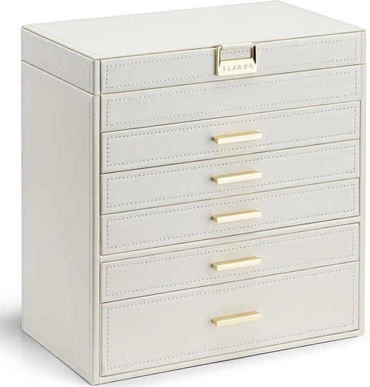 VLANDO Large Jewelry Box, 6 Layer Storage Organizer, Removable Dividers