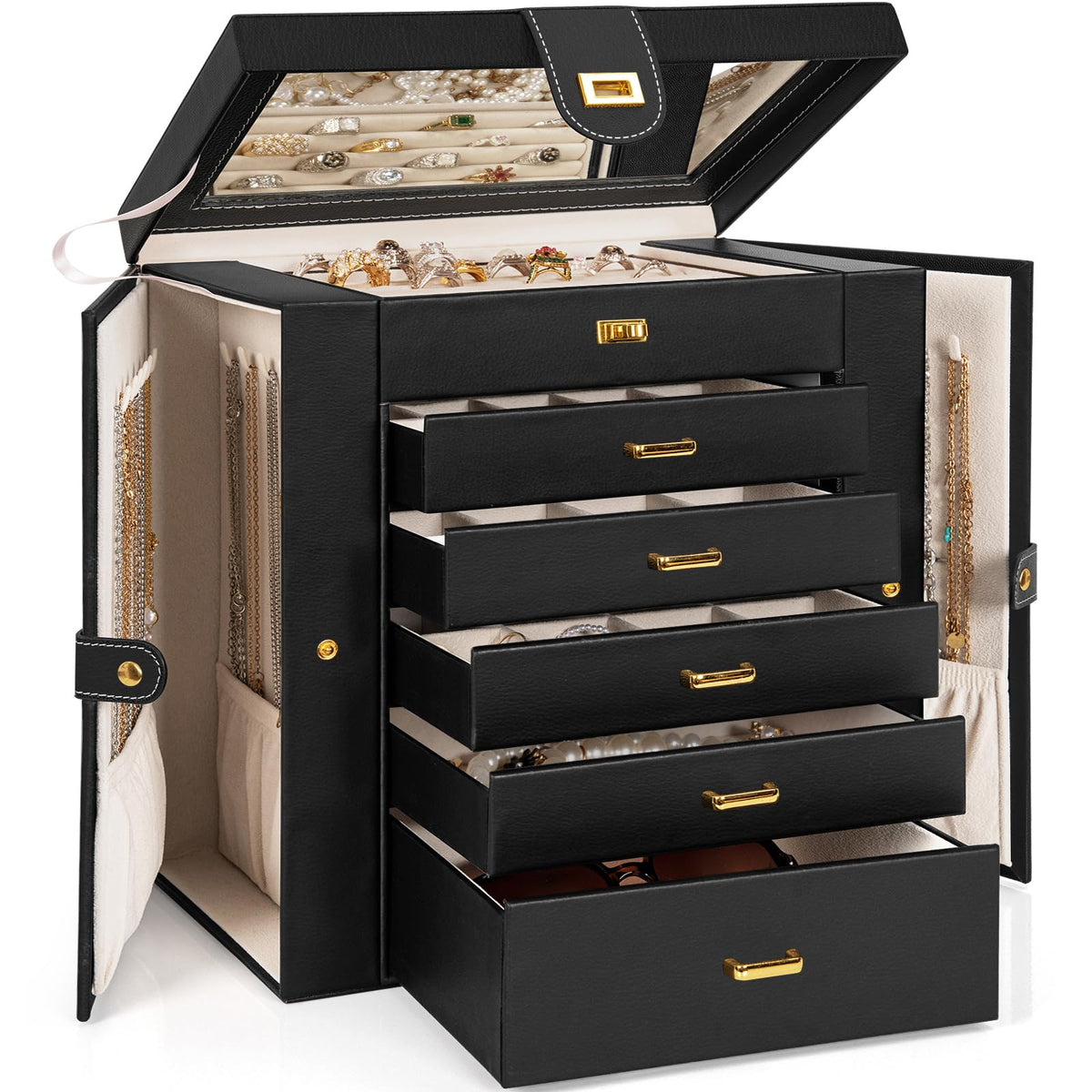 AKOZLIN 6-Tier Jewelry Box Organizer 5 Drawers Storage Black Regular