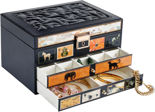 Vintage Jewelry Box, Leather Jewelry Organizer, Black