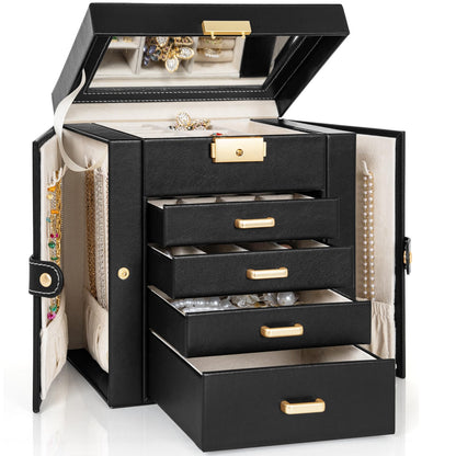 TORIBIO Jewelry Box for Women, Leather Jewelry Organizer with Mirror & Lock, 3-Tier Jewelry Storage Organizer with 2 Drawers for Girls/Women/Mothers, Necklace Earring Bracelets Holder Organizer