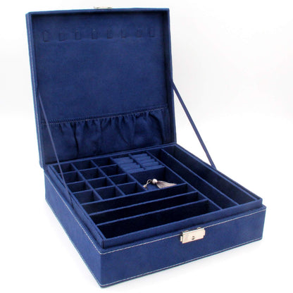 Two-Layer lint Jewelry Box Organizer Display Storage case with Lock (Blue)
