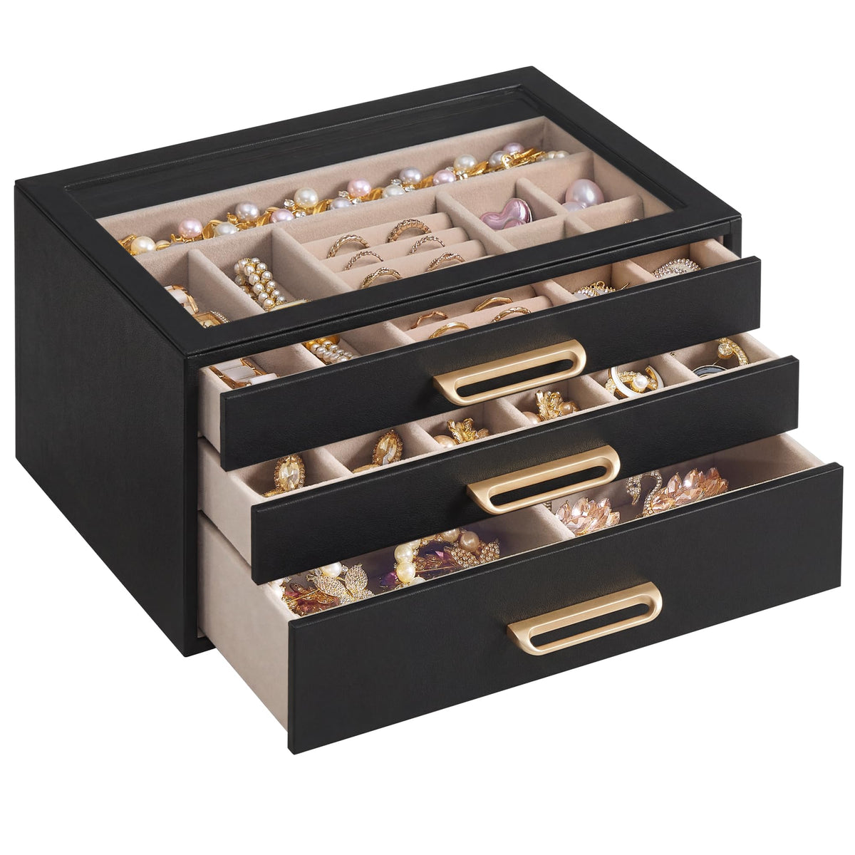 SONGMICS 3-Layer Jewelry Box with Glass Window, 3 Drawers, Golden Handles