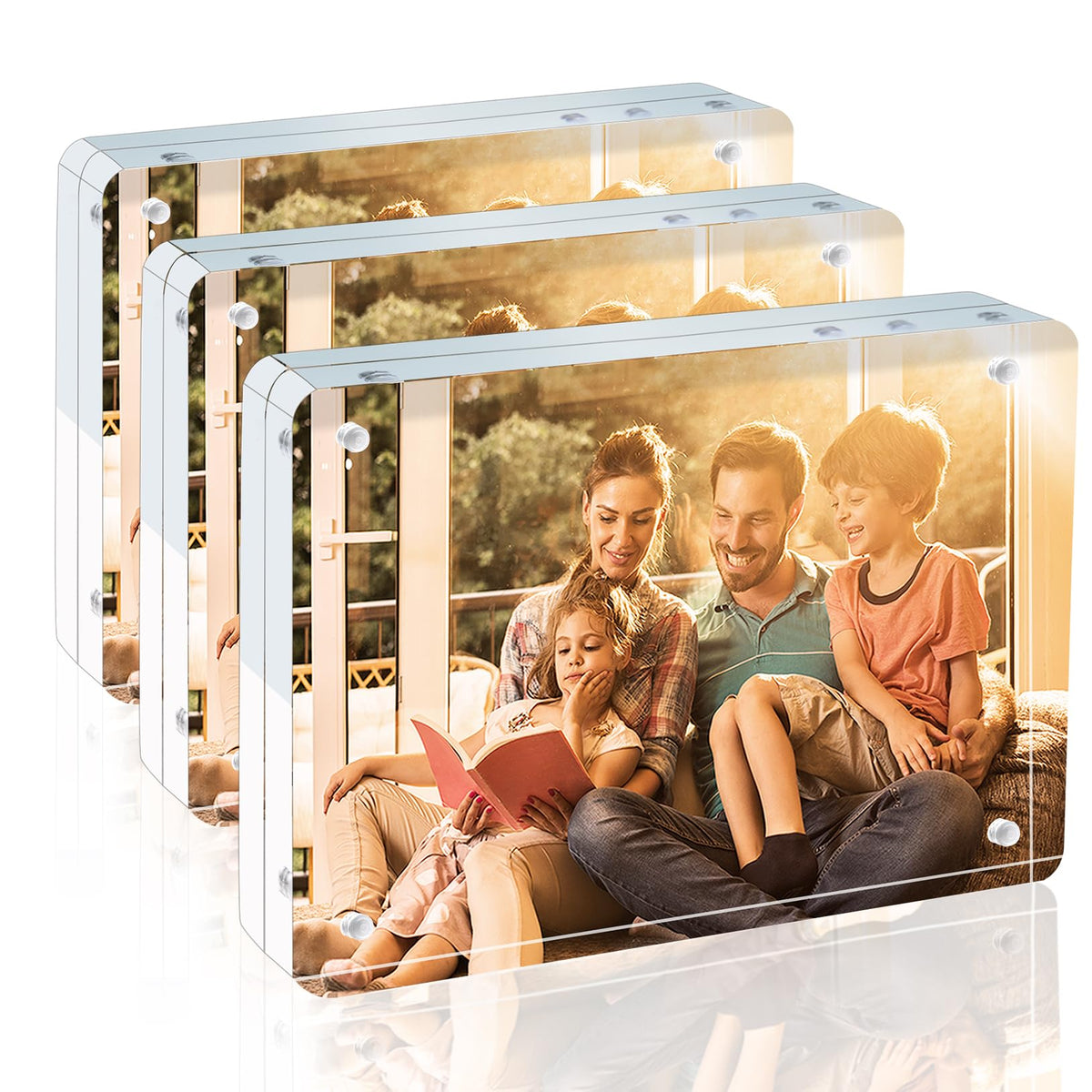 Egofine 5x7 Acrylic Frames 6 Pack, 20mm Thicker Frameless Clear Picture Frames, Double Sided Magnetic Picture Frames, Free Standing Desktop Display