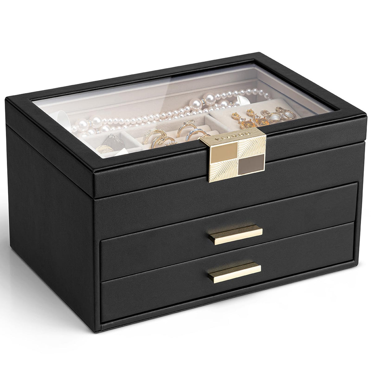 VLANDO Jewelry Box Organizer, 3-Layer Storage with Glass Window
