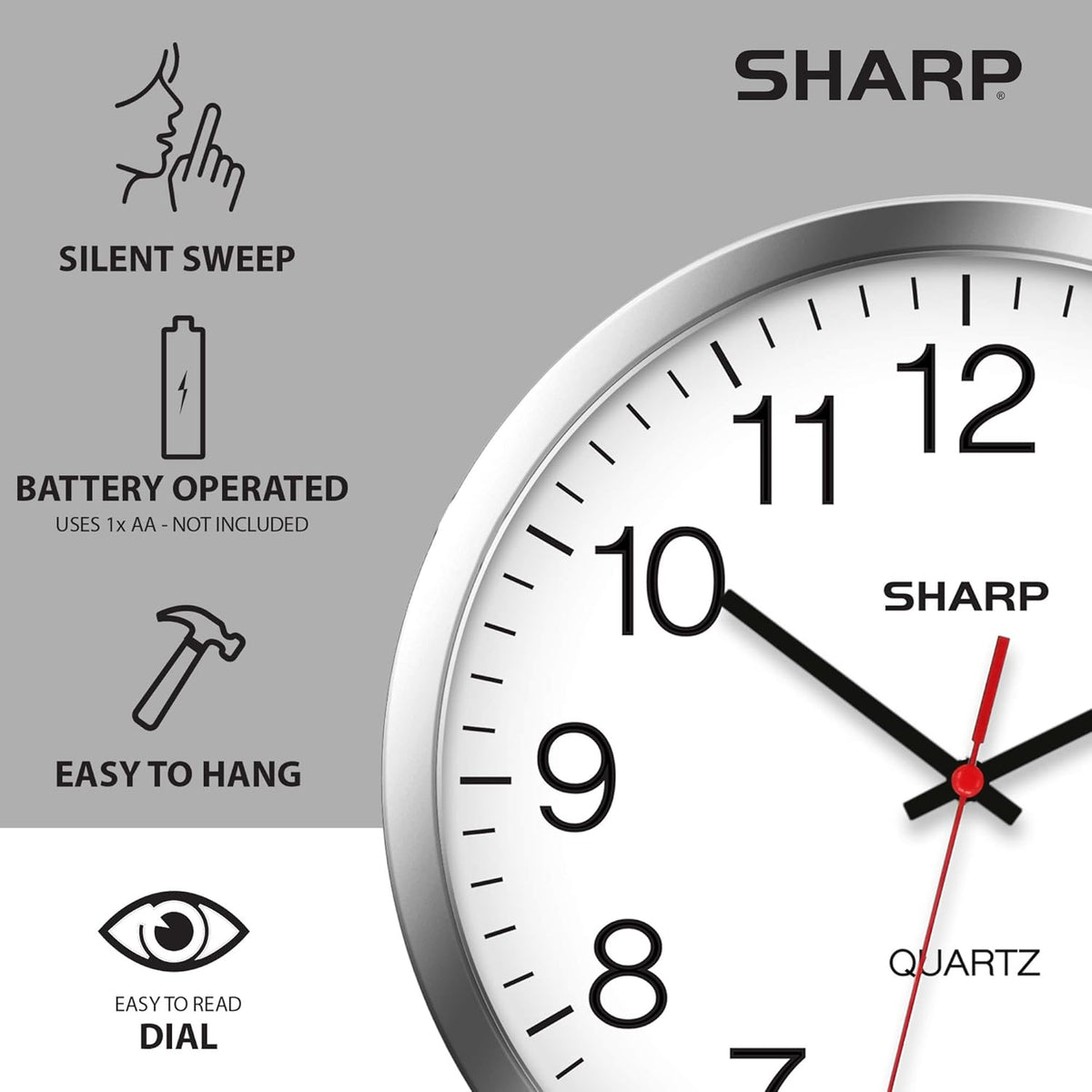Sharp 12-Inch Battery Wall Clock, Silent Non-Ticking, Easy-Read, Silver