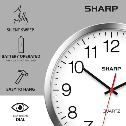 Sharp 12-Inch Battery Wall Clock, Silent Non-Ticking, Easy-Read, Silver