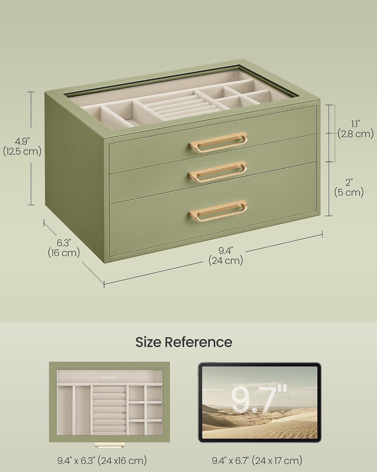SONGMICS 3-Layer Jewelry Box with Glass Window, 3 Drawers, Golden Handles