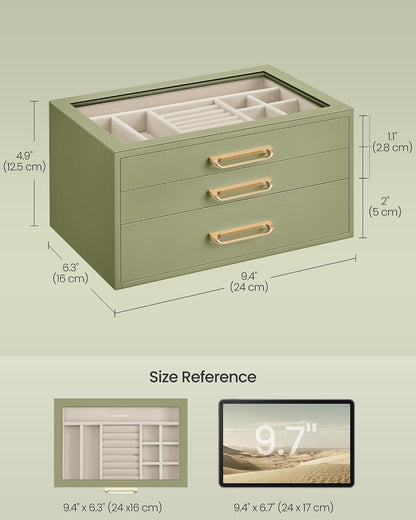 SONGMICS 3-Layer Jewelry Box with Glass Window, 3 Drawers, Golden Handles