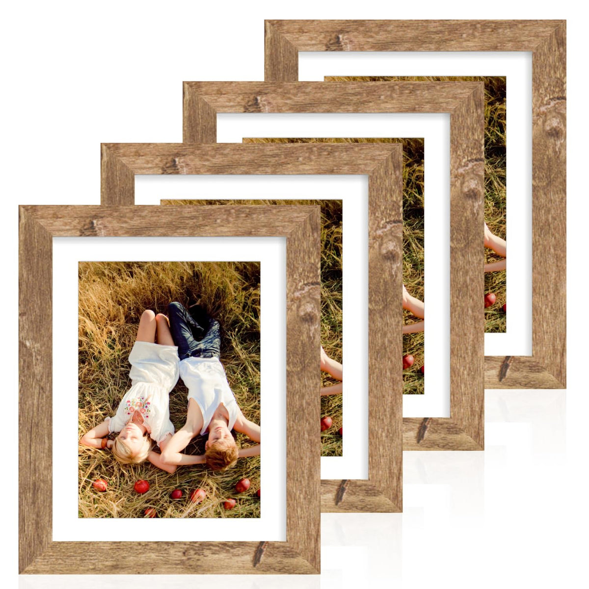 iRahmen 5x7 Picture Frame Set of 4, High Definition Real Glass Rustic Brown Frame, 5 x 7 Wood Photo Frames for Tabletop Display and Wall Mounting