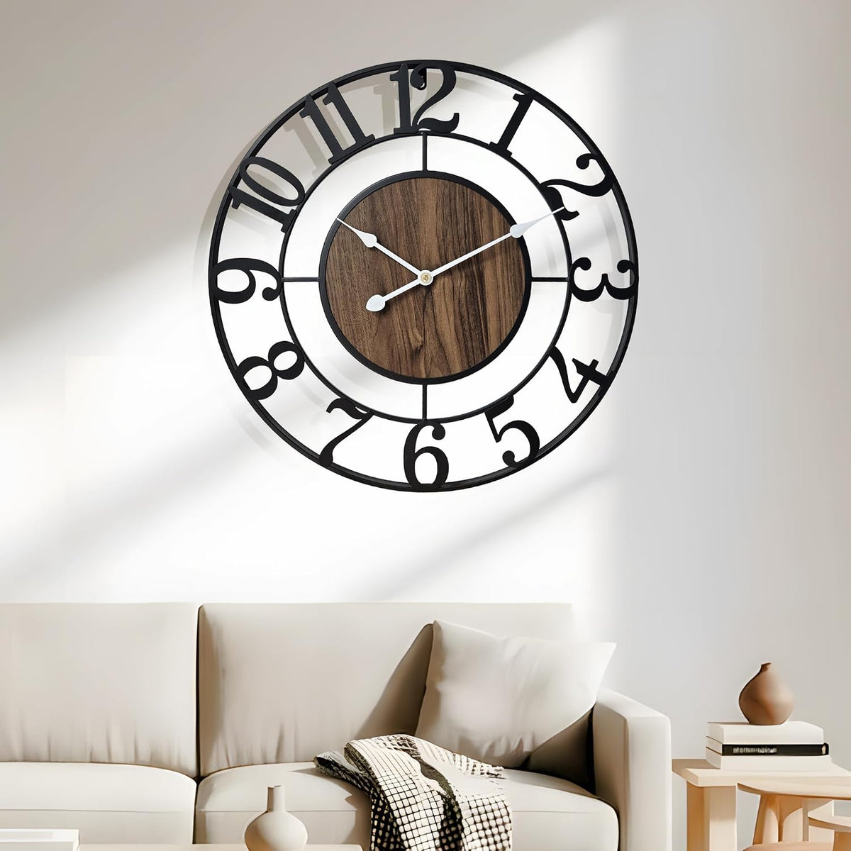 Large Metal Wall Clock, 20 Inch Retro Decorative Silent, Non Ticking, Battery Operated Modern Big Wood Wall Clock for Living Room, Farmhouse, Bedroom, Fireplace, Kitchen, Office, Home Decor