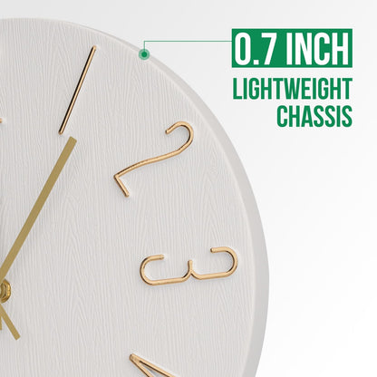 Wall Clock 12 Inch Silent Non-Ticking Imitation Wood Indoor Clock Round White Decor Clock Modern 3D Figures Quartz Wall Clocks for Home, Hotel, Office, School, Bedroom, Living Room, Kitchen