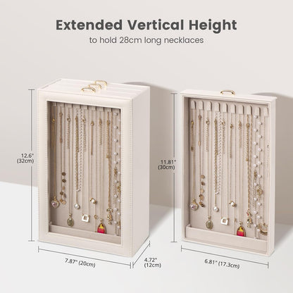 Lolalet Necklace Organizer Box, Jewelry Display Case, White, 3 Layers