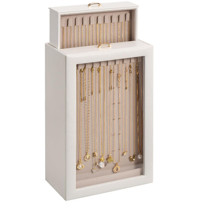 Lolalet Necklace Organizer Box, Jewelry Display Case, White, 3 Layers