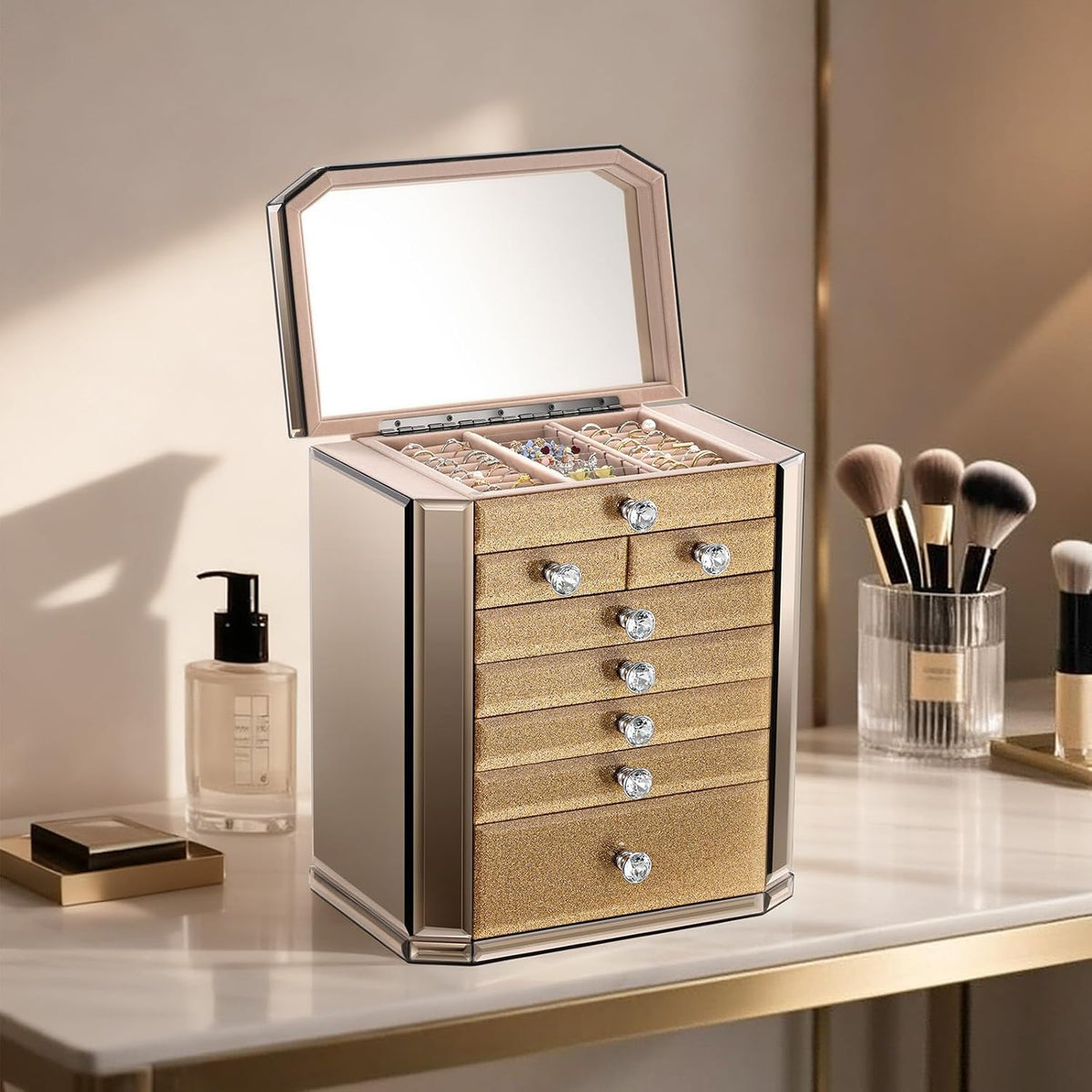 High End Glass Jewelry Box for Women, 7 Layer, Gold