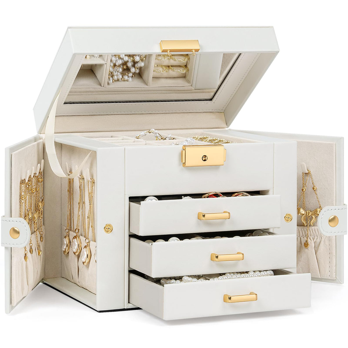 TORIBIO Jewelry Box for Women, Leather Jewelry Organizer with Mirror & Lock, 3-Tier Jewelry Storage Organizer with 2 Drawers for Girls/Women/Mothers, Necklace Earring Bracelets Holder Organizer
