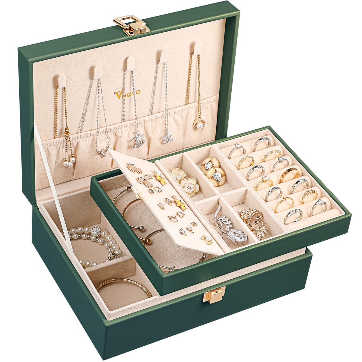 Voova 2 Layer Jewelry Box Organizer with Removable Tray, Vintage Gift, Apricot