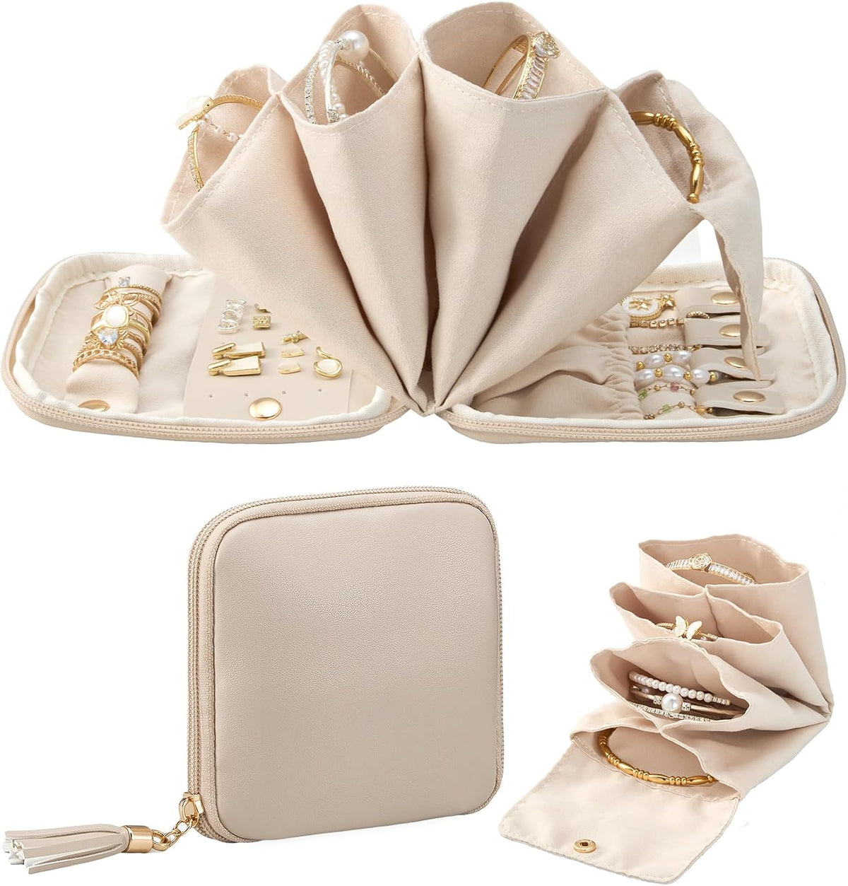 Lolalet Travel Jewelry Case Organizer, Small Soft Jewellery Pouch -Oatmeal