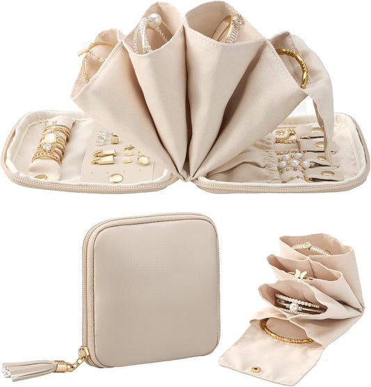 Lolalet Travel Jewelry Case Organizer, Small Soft Jewellery Pouch -Oatmeal
