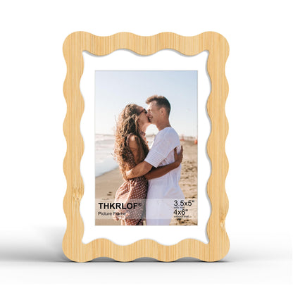 4x6 Picture Frame with Mat for 3.5x5, Wavy Edge Wooden Real Glass Photo Frame for Tabletop and Wall Hanging, Green, 1 Pack