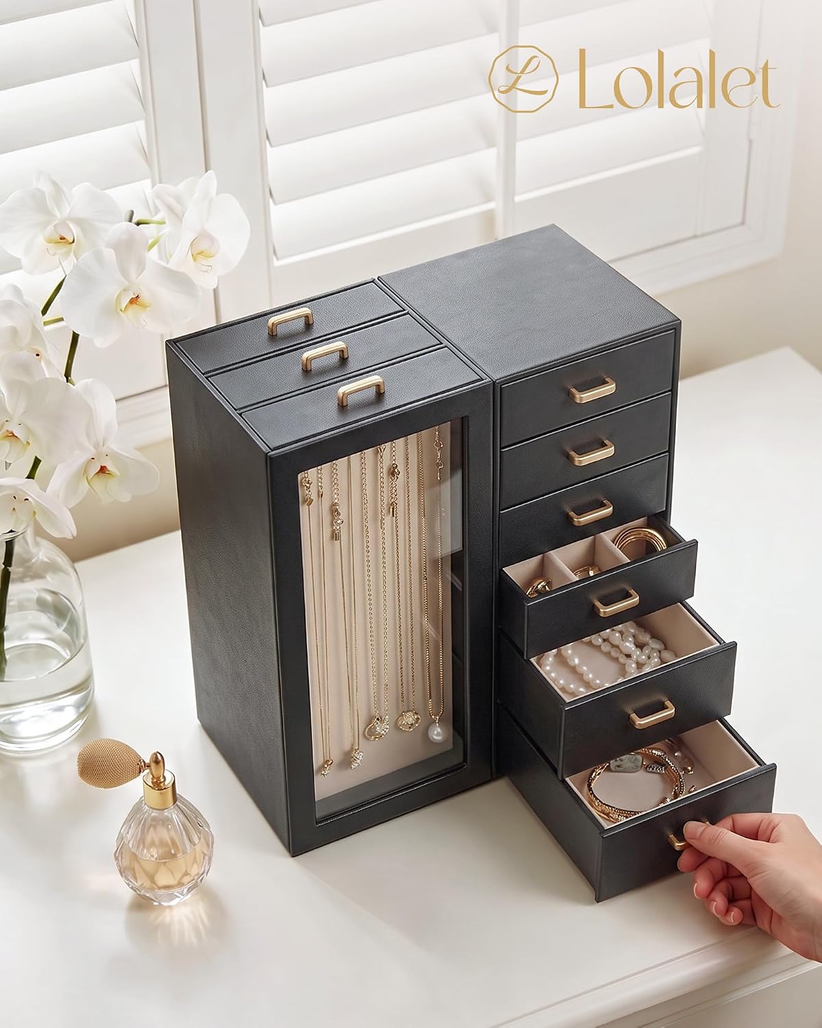 Lolalet Large Jewelry Box Organizer for Women, PU Leather Jewelry Case with Necklace Holder & Multiple Drawers, Tabletop Dresser Storage for Earrings Rings Chains, Gift for Girls -M, Black