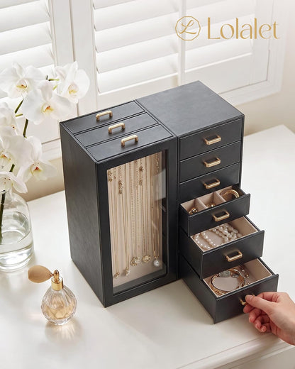 Lolalet Large Jewelry Box Organizer for Women, PU Leather Jewelry Case with Necklace Holder & Multiple Drawers, Tabletop Dresser Storage for Earrings Rings Chains, Gift for Girls -M, Black