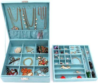Two-Layer lint Jewelry Box Organizer Display Storage case with Lock (Blue)