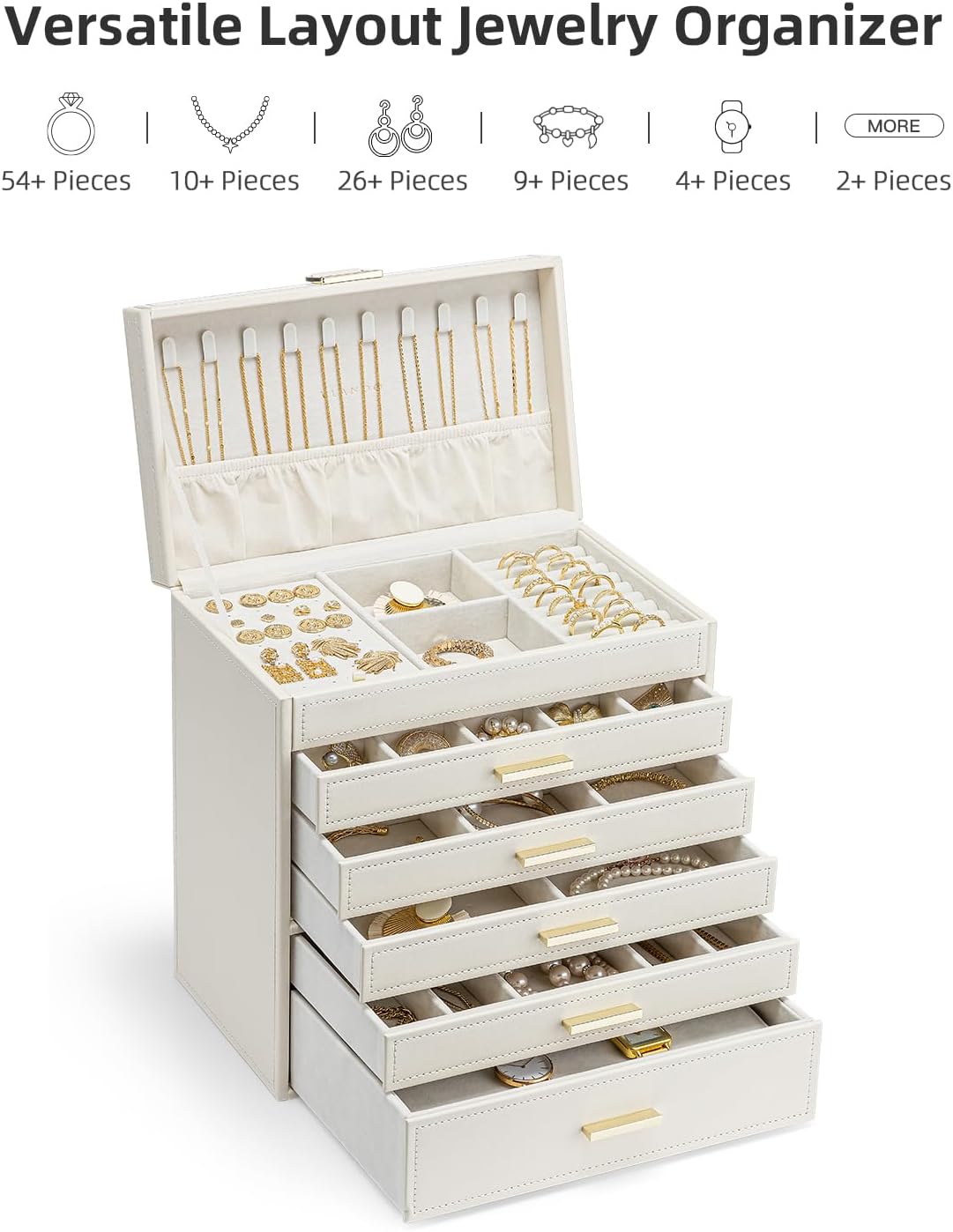 VLANDO Large Jewelry Box, 6 Layer Storage Organizer, Removable Dividers