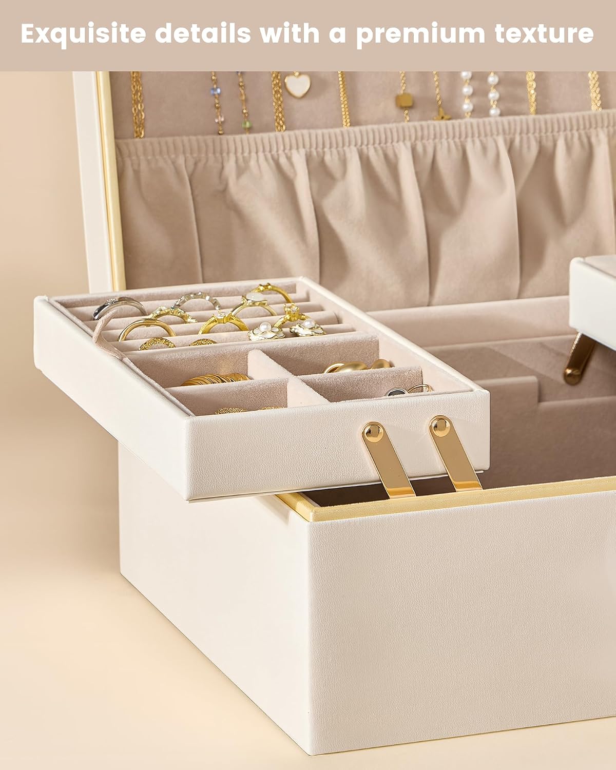Lolalet Jewelry Box for Women Girls, 2 Layer Jewelry Organizer -Cream