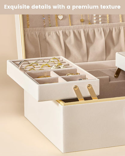 Lolalet Jewelry Box for Women Girls, 2 Layer Jewelry Organizer -Cream