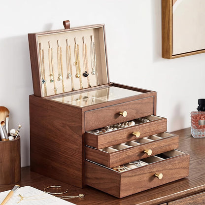 Black Walnut Wooden Women Jewelry Box with Glass Lid, 4 Layer