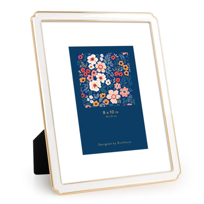 4x6 Enamel Picture Frame with HD-Tempered Glass, Display 3x5 Photo with Mat, Ornate Photo Frame with Gold Metal Edge & Velvet Back for Tabletop & Wall Mount Vertically or Horizontally Display, White