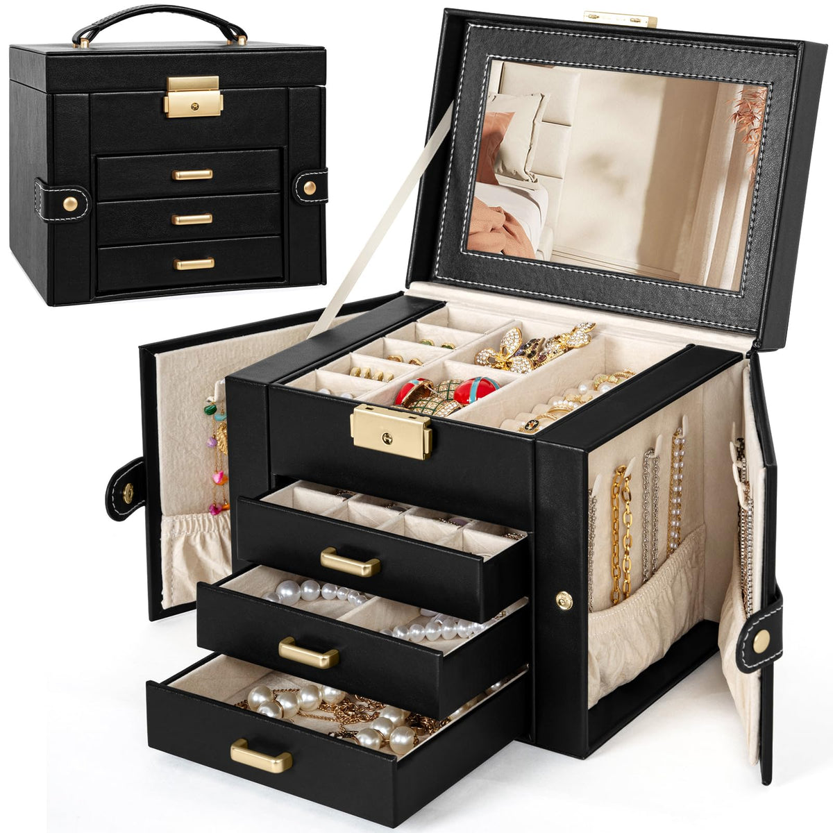 TORIBIO Jewelry Box for Women, Leather Jewelry Organizer with Mirror & Lock, 3-Tier Jewelry Storage Organizer with 2 Drawers for Girls/Women/Mothers, Necklace Earring Bracelets Holder Organizer