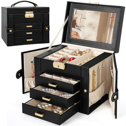 TORIBIO Jewelry Box for Women, Leather Jewelry Organizer with Mirror & Lock, 3-Tier Jewelry Storage Organizer with 2 Drawers for Girls/Women/Mothers, Necklace Earring Bracelets Holder Organizer