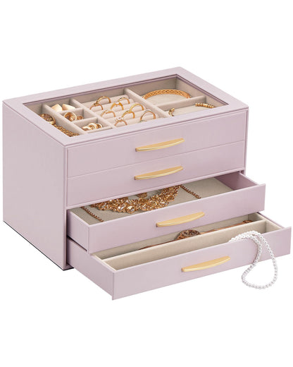Lolalet Jewelry Box Organizer Case with Glass Lid for Women -4Layer, Black