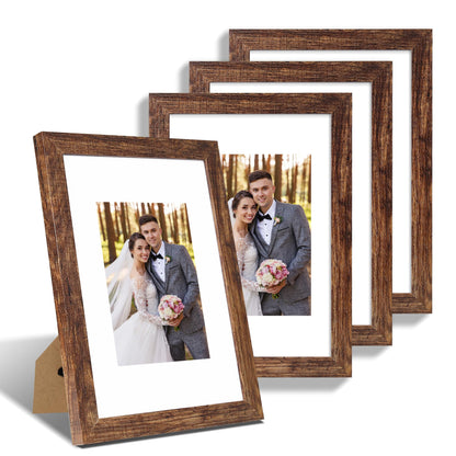 Hongkee 5x7 Picture Frame Set of 4, Real Glass and Wooden Frame, 4x6 Mat