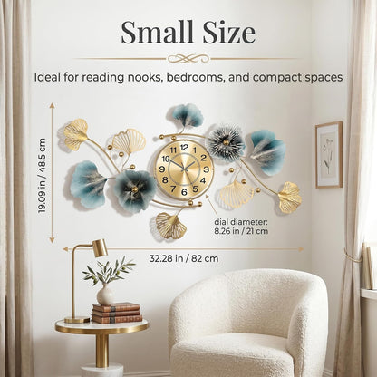 33" 3D Ginkgo Leaf Metal Wall Clock for Home Wall Decor
