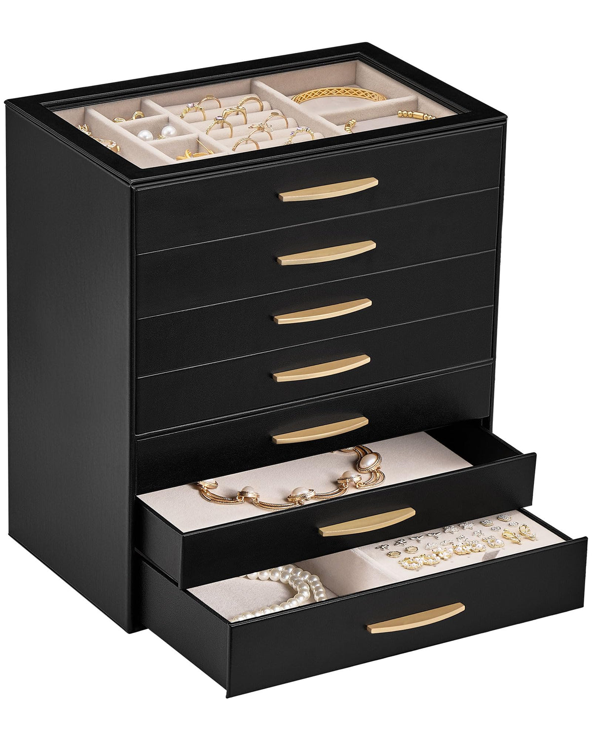 Lolalet Jewelry Box Organizer Case with Glass Lid for Women -4Layer, Black